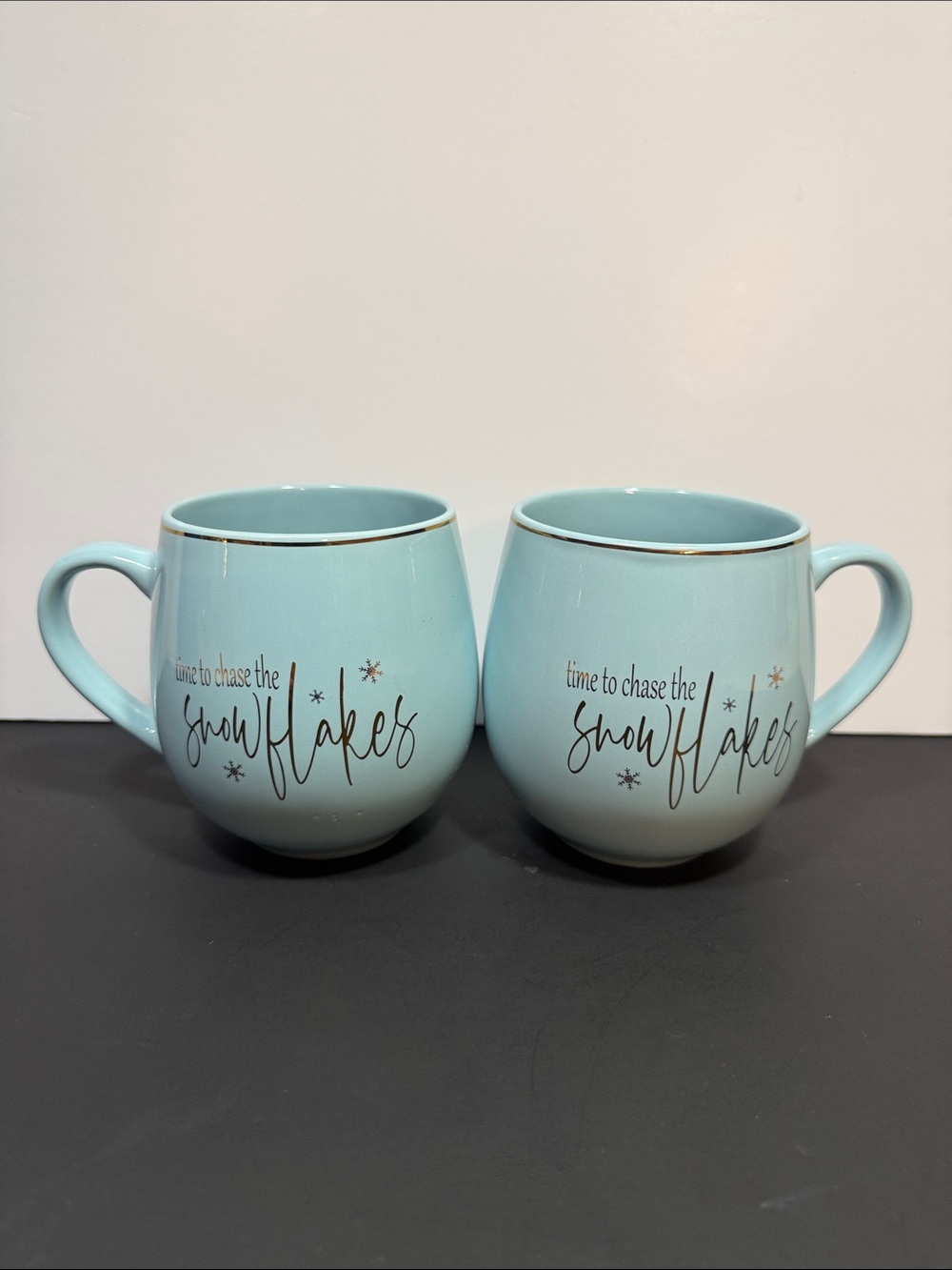Light Blue "Time to Chase the Snowflakes" Ceramic Mug - Set of 2